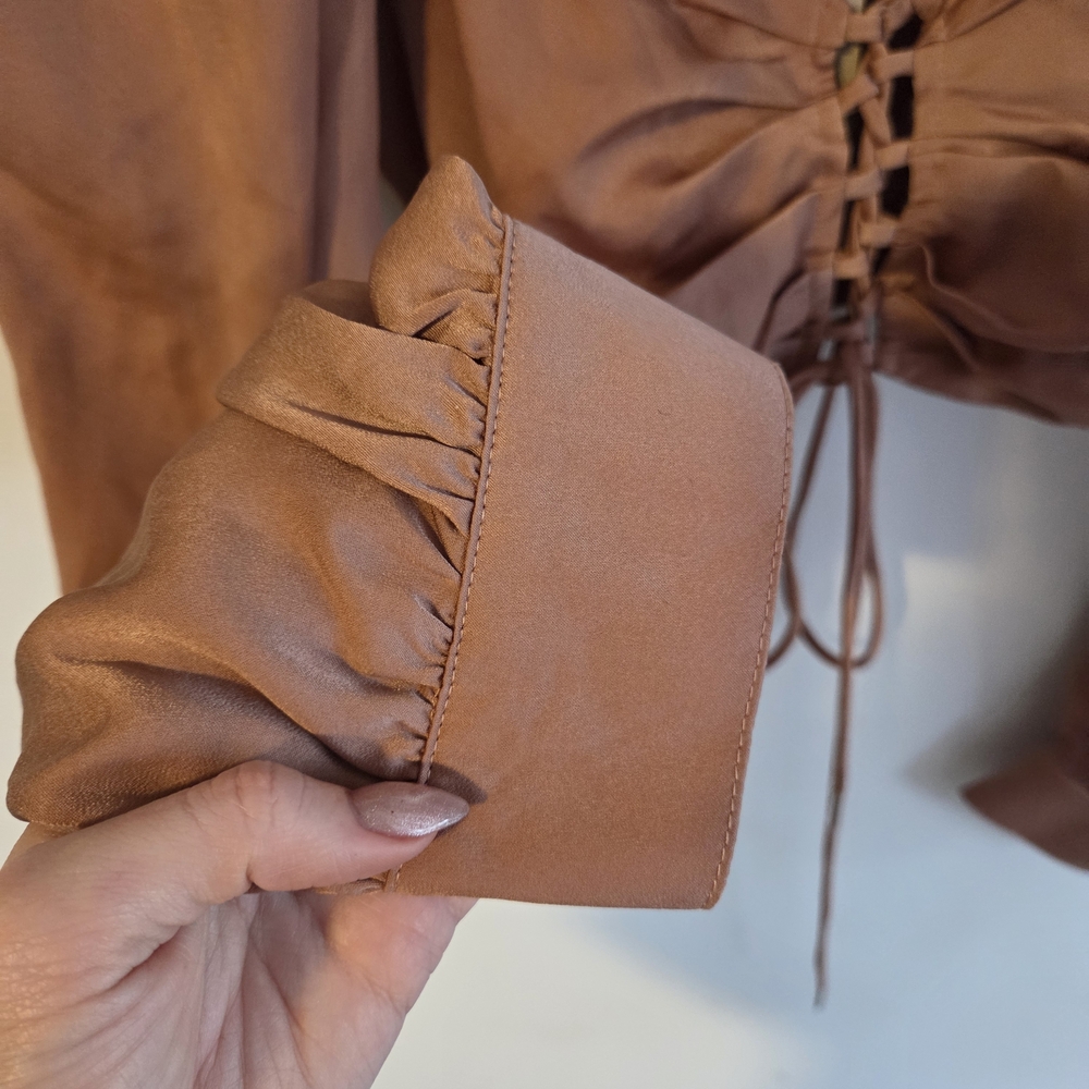 Elegant Tan Lace-Up Blouse with Puff Sleeves - Picture 4 of 6